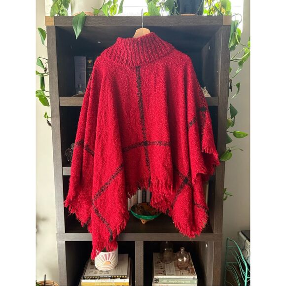 Plaid Cowl Neck Turtle Neck Fringed Poncho Shawl Sweater Cape One Size - Picture 5 of 7